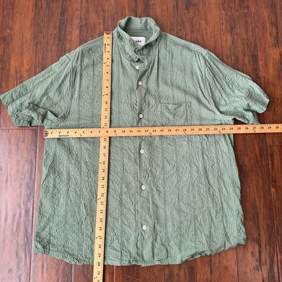 CORRIDOR Seersucker Camp Shirt Thyme Green Striped Button Up Beach Travel - Picture 7 of 7